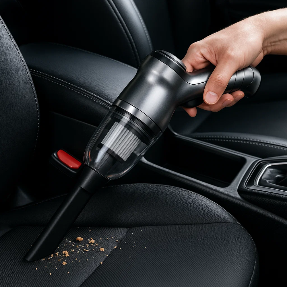 Compact wireless car vacuum cleaner with handle and nozzle for powerful, portable cleaning; sleek design, perfect for vehicle