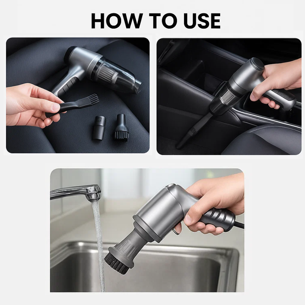 Compact wireless car vacuum cleaner with handle and nozzle for powerful, portable cleaning; sleek design, perfect for vehicle
