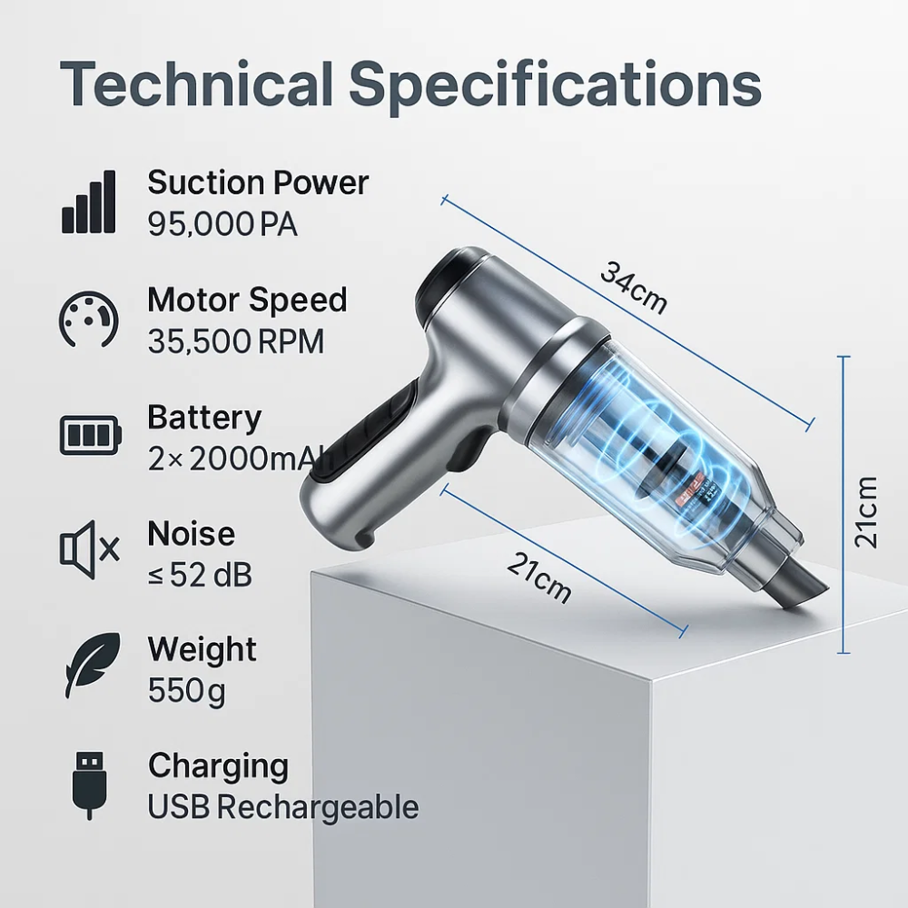 Compact wireless car vacuum cleaner with handle and nozzle for powerful, portable cleaning; sleek design, perfect for vehicle