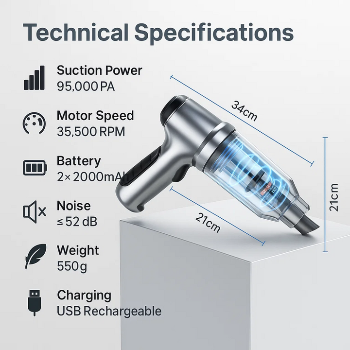 Compact wireless car vacuum cleaner with handle and nozzle for powerful, portable cleaning; sleek design, perfect for vehicle