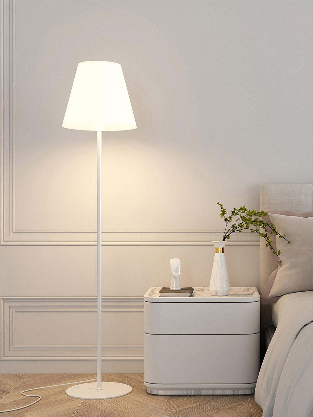 "Contemporary metal and acrylic floor-standing lamp with sleek lines, modern flair, perfect for home decor lighting."