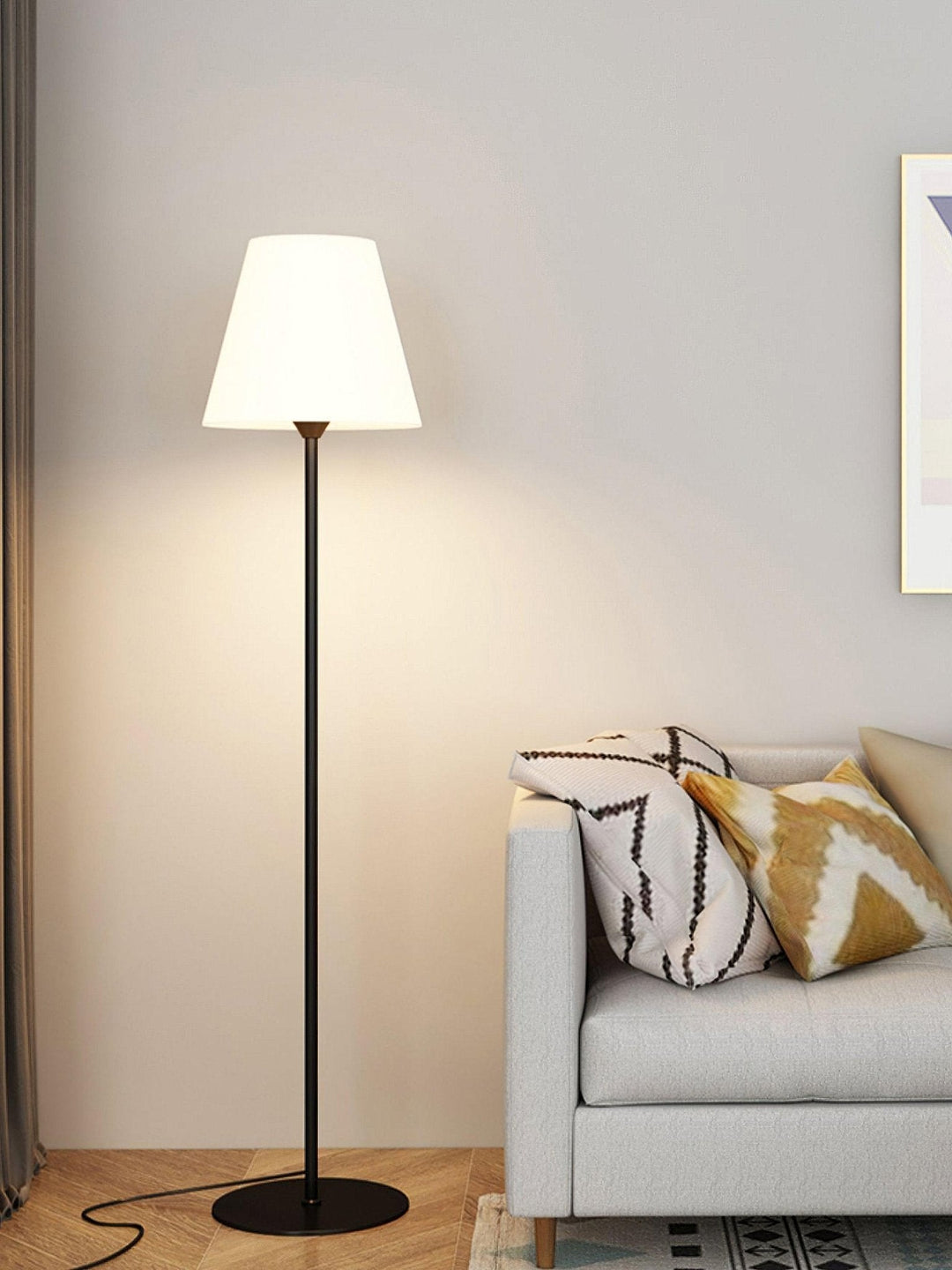 "Contemporary metal and acrylic floor-standing lamp with sleek lines, modern flair, perfect for home decor lighting."