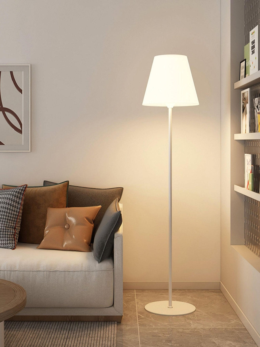 "Contemporary metal and acrylic floor-standing lamp with sleek lines, modern flair, perfect for home decor lighting."
