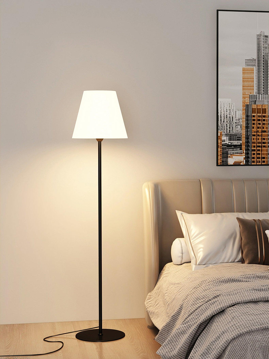 "Contemporary metal and acrylic floor-standing lamp with sleek lines, modern flair, perfect for home decor lighting."