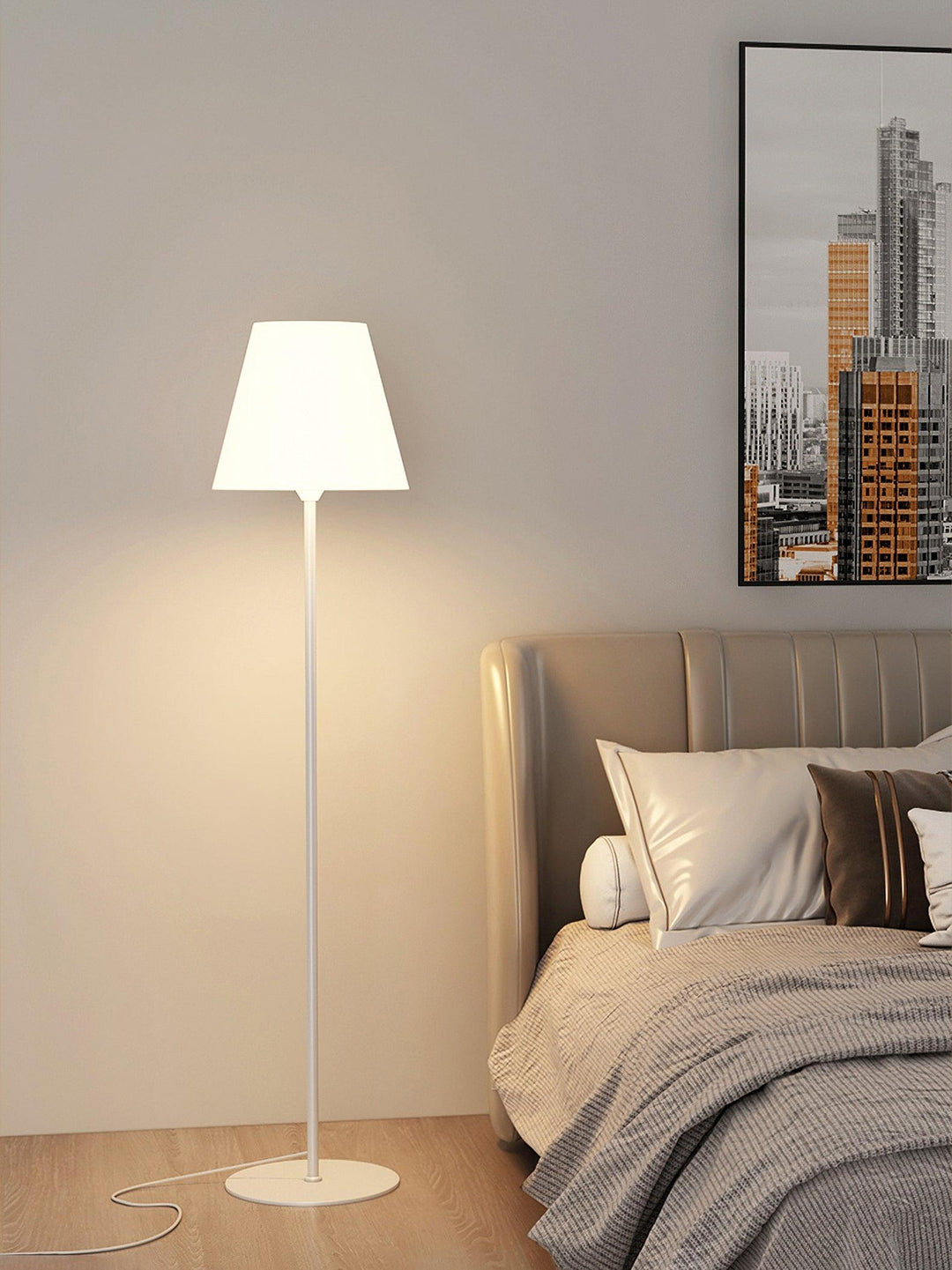 "Contemporary metal and acrylic floor-standing lamp with sleek lines, modern flair, perfect for home decor lighting."