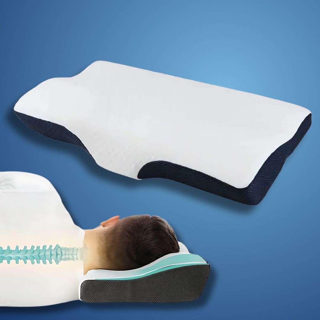 "Contoured memory foam neck pillow for pain relief, featuring spinal alignment support; ideal for better sleep."