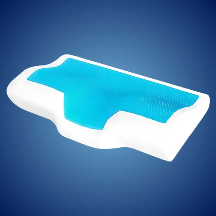 "Contoured memory foam neck pillow for pain relief, featuring spinal alignment support; ideal for better sleep."