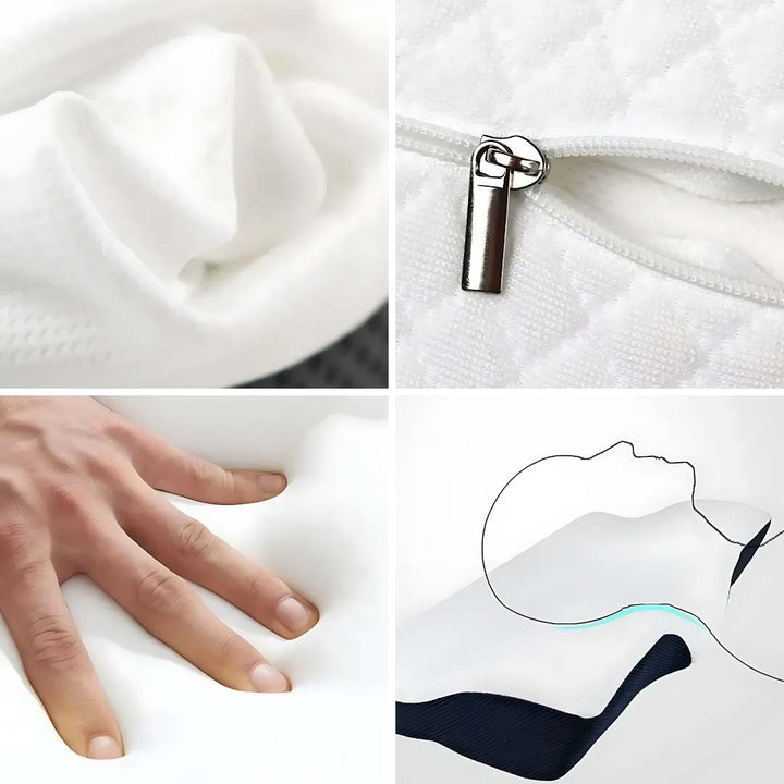 "Contoured memory foam neck pillow for pain relief, featuring spinal alignment support; ideal for better sleep."