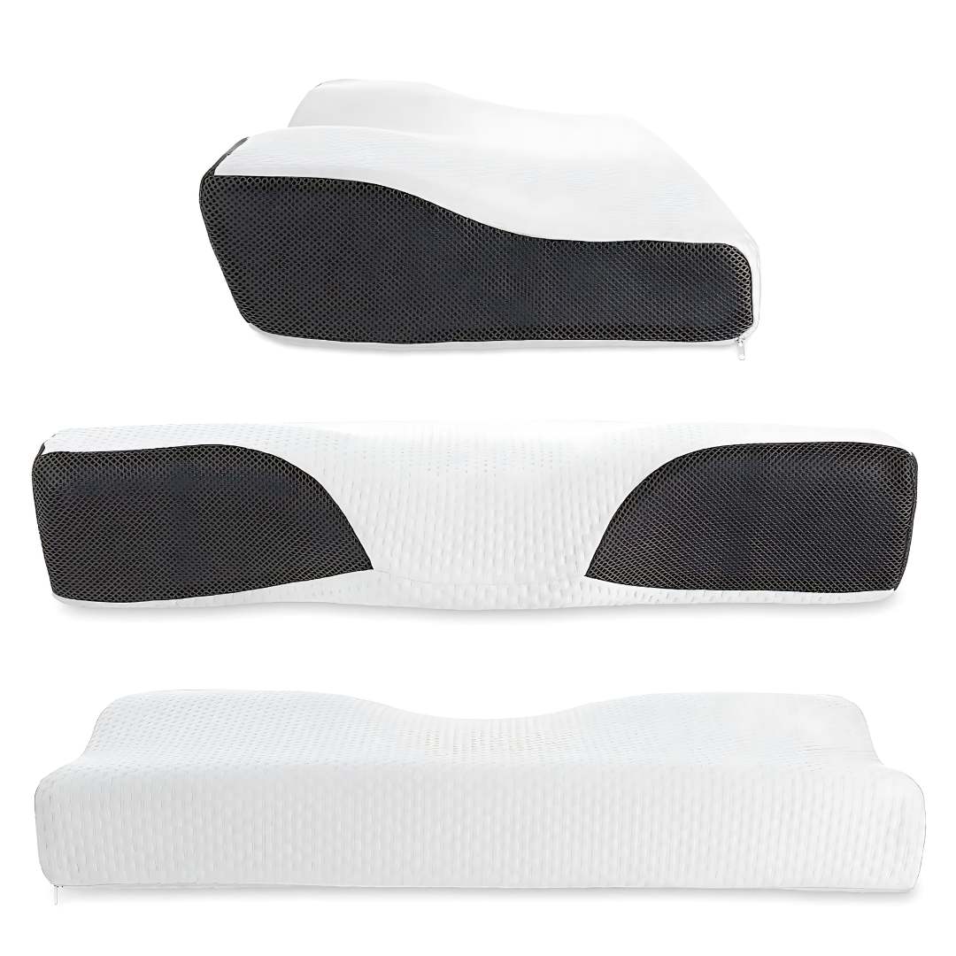 "Contoured memory foam neck pillow for pain relief, featuring spinal alignment support; ideal for better sleep."