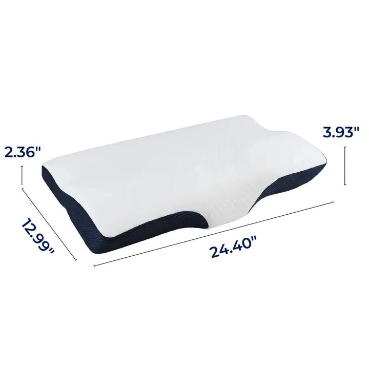 "Contoured memory foam neck pillow for pain relief, featuring spinal alignment support; ideal for better sleep."