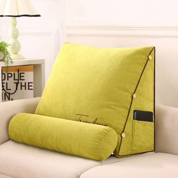 Contoured wedge pillow with ergonomic design, offering back support and a soft fabric cover for comfort and pressure relief.