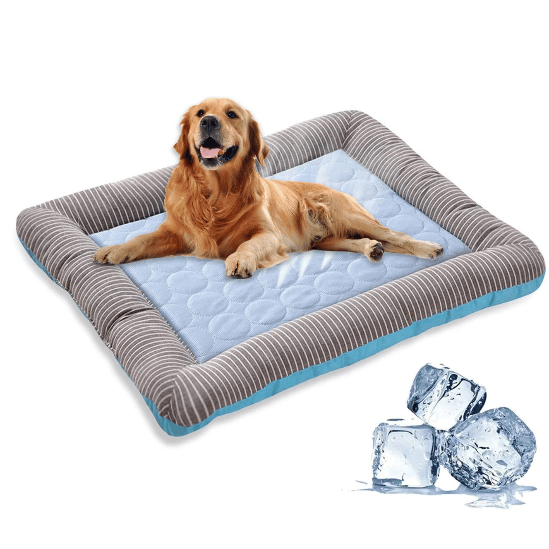 Cooling dog bed cushion with ice silk fabric, ideal for summer. Machine washable, non-slip, available in multiple sizes.