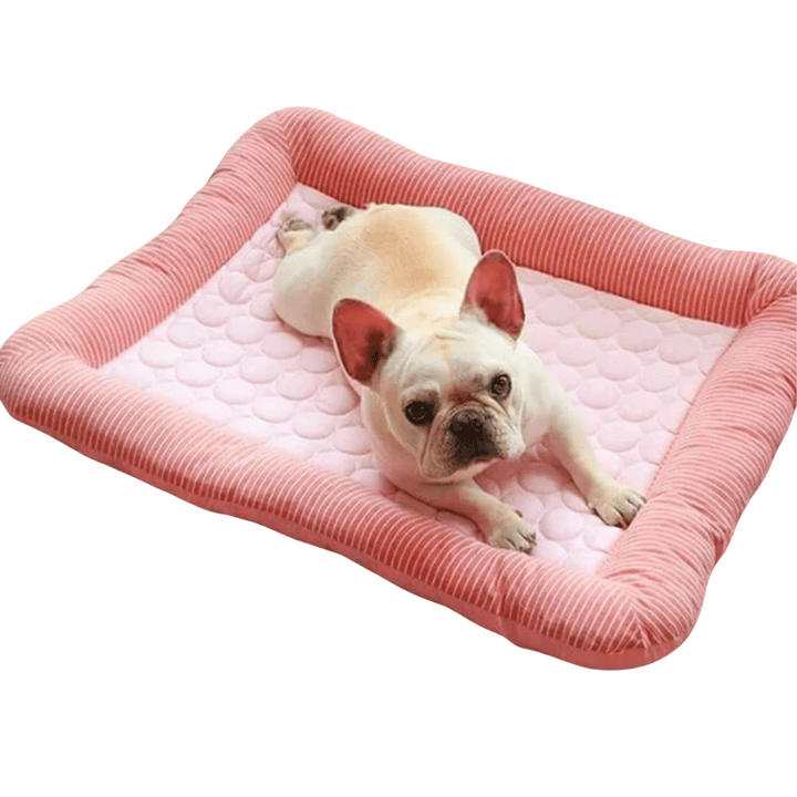 Cooling dog bed cushion with ice silk fabric, ideal for summer. Machine washable, non-slip, available in multiple sizes.