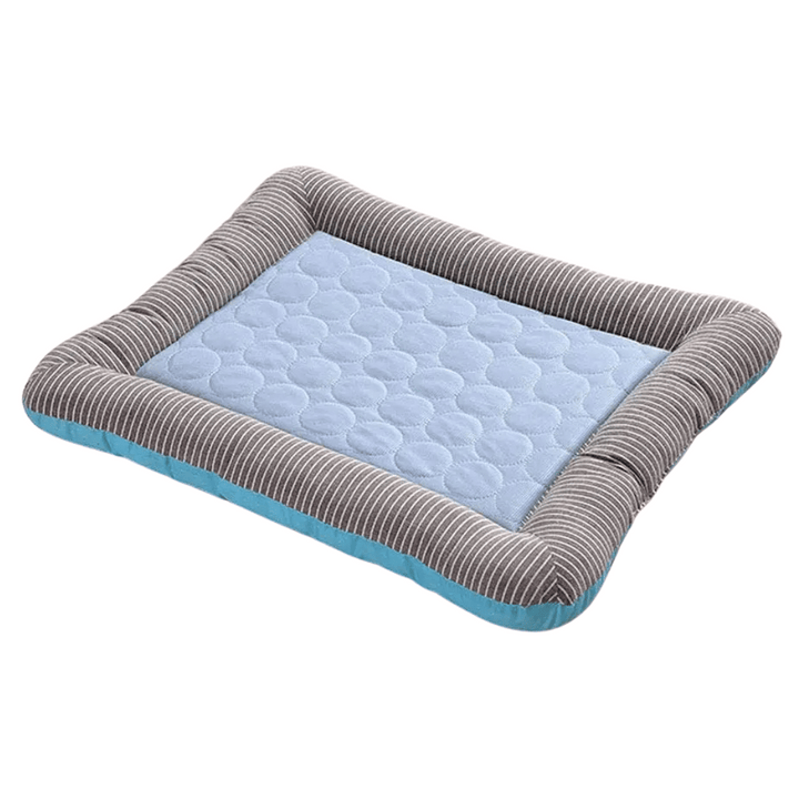 Cooling dog bed cushion with ice silk fabric, ideal for summer. Machine washable, non-slip, available in multiple sizes.