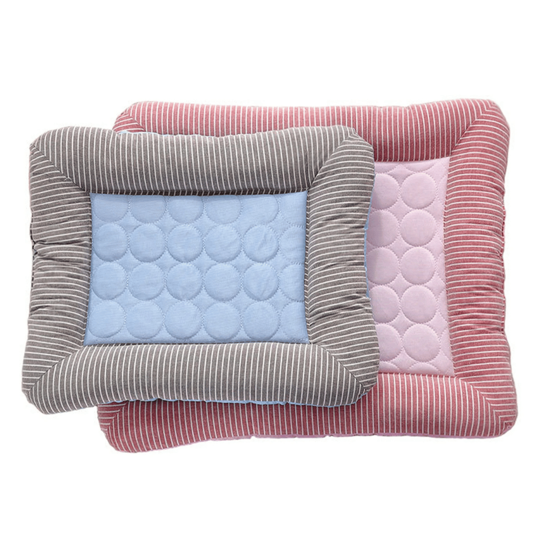 Cooling dog bed cushion with ice silk fabric, ideal for summer. Machine washable, non-slip, available in multiple sizes.