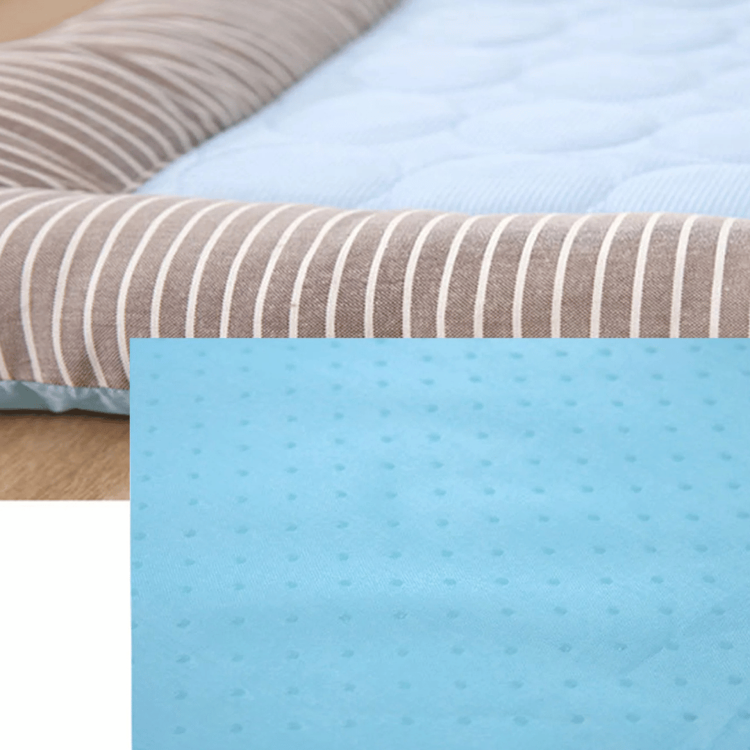 Cooling dog bed cushion with ice silk fabric, ideal for summer. Machine washable, non-slip, available in multiple sizes.