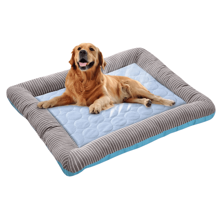 Cooling dog bed cushion with ice silk fabric, ideal for summer. Machine washable, non-slip, available in multiple sizes.