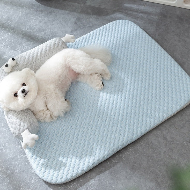 Cooling dog mat with silky surface and soft padding in beige, ideal for keeping dogs cool and comfortable during summer.