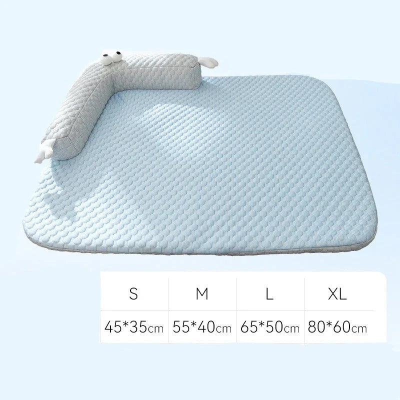 Cooling dog mat with silky surface and soft padding in beige, ideal for keeping dogs cool and comfortable during summer.