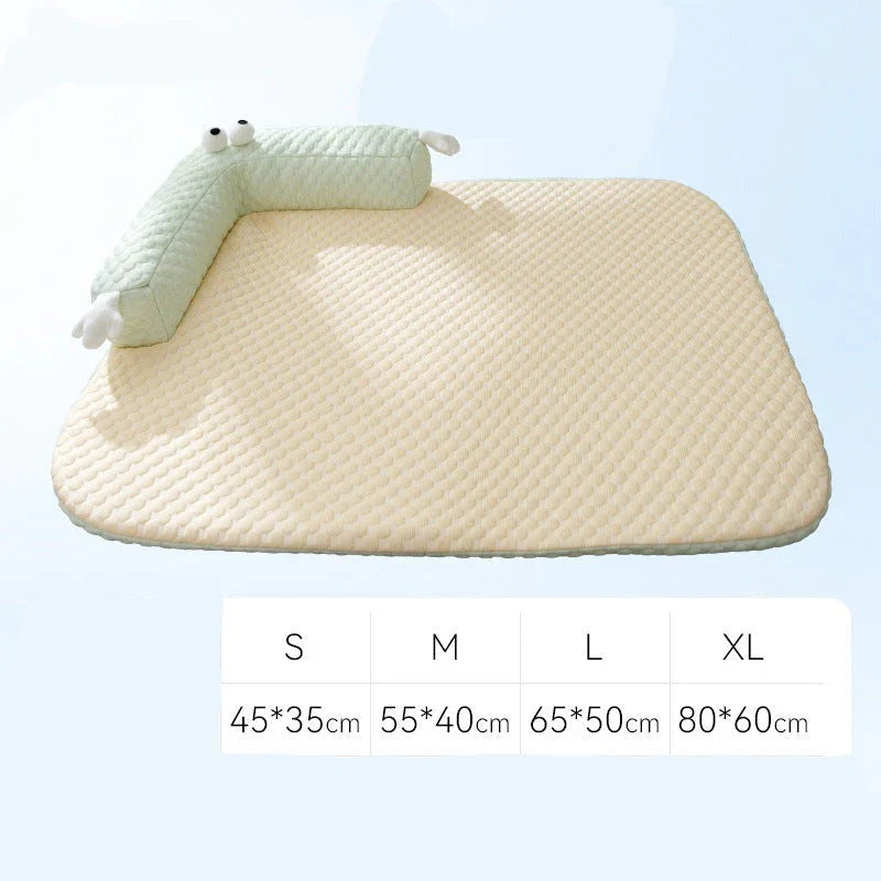 Cooling dog mat with silky surface and soft padding in beige, ideal for keeping dogs cool and comfortable during summer.