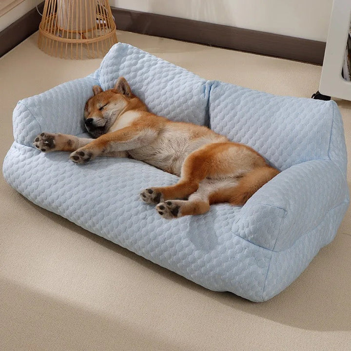 Cooling dog sofa couch with breathable fabric, ergonomic design, and washable cover in stylish colors for pets.