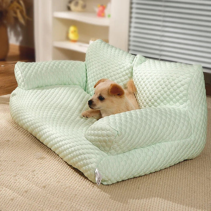 Cooling dog sofa couch with breathable fabric, ergonomic design, and washable cover in stylish colors for pets.
