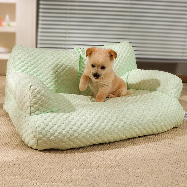 Cooling dog sofa couch with breathable fabric, ergonomic design, and washable cover in stylish colors for pets.