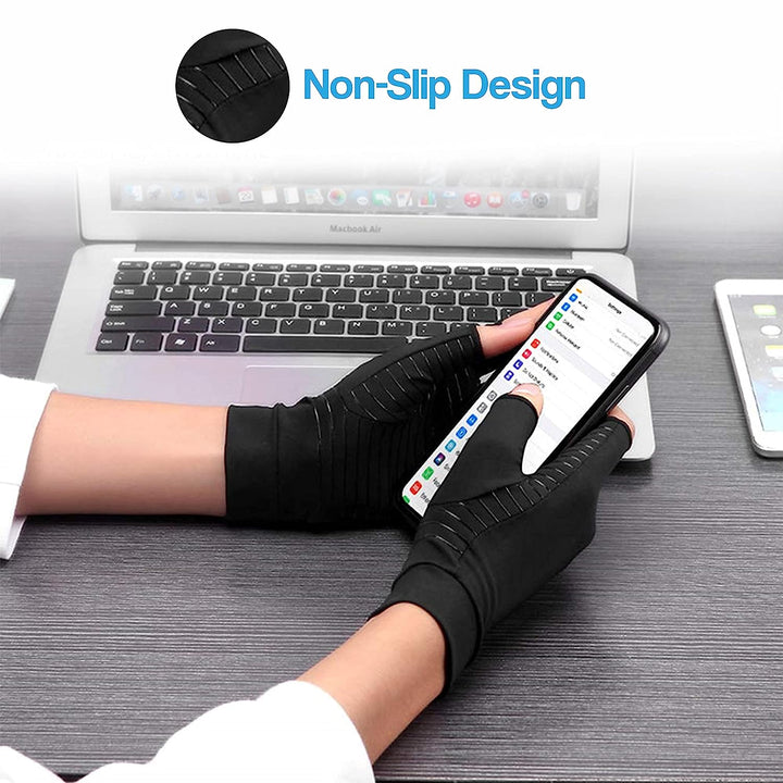 "Copper infused fingerless compression gloves for arthritis, offers warmth and breathability, ideal for relief and comfort."