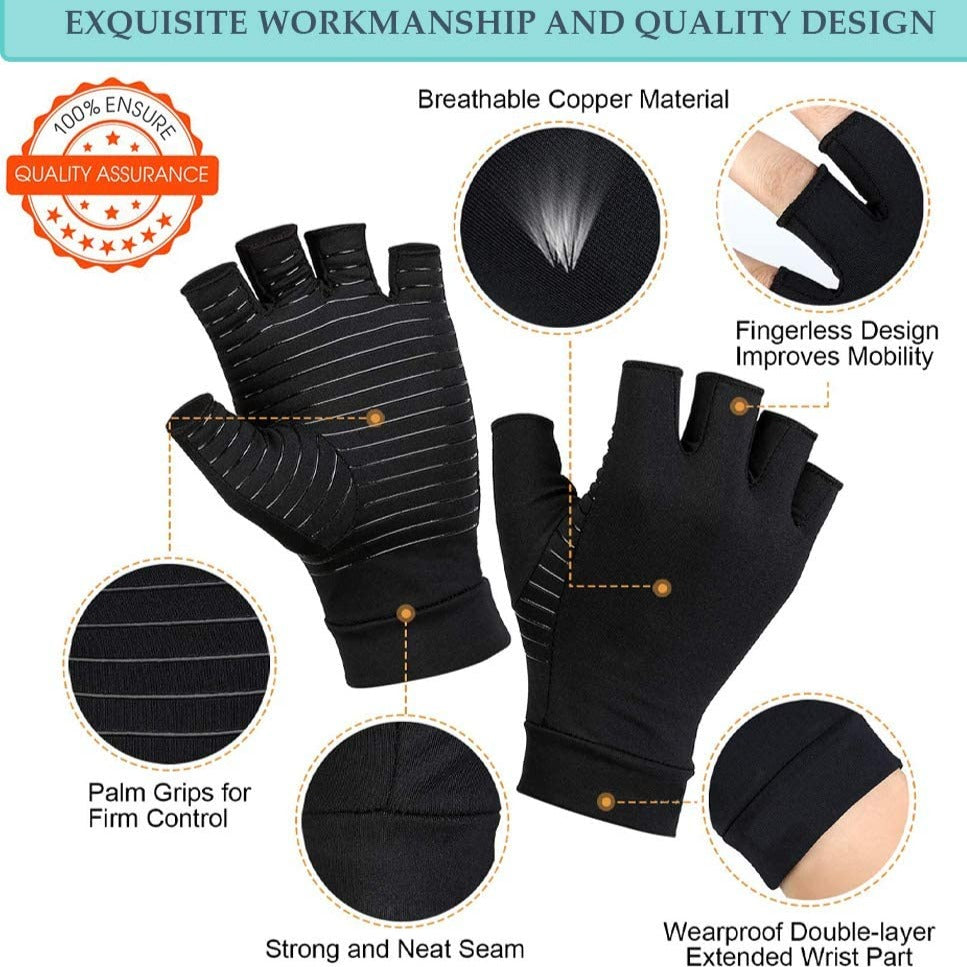 "Copper infused fingerless compression gloves for arthritis, offers warmth and breathability, ideal for relief and comfort."