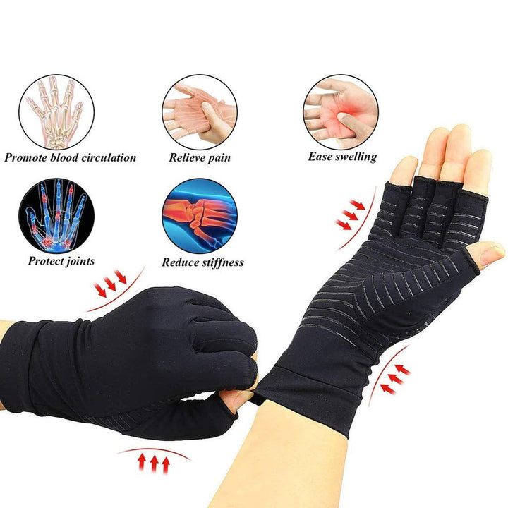 "Copper infused fingerless compression gloves for arthritis, offers warmth and breathability, ideal for relief and comfort."