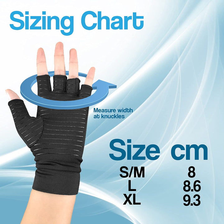 "Copper infused fingerless compression gloves for arthritis, offers warmth and breathability, ideal for relief and comfort."