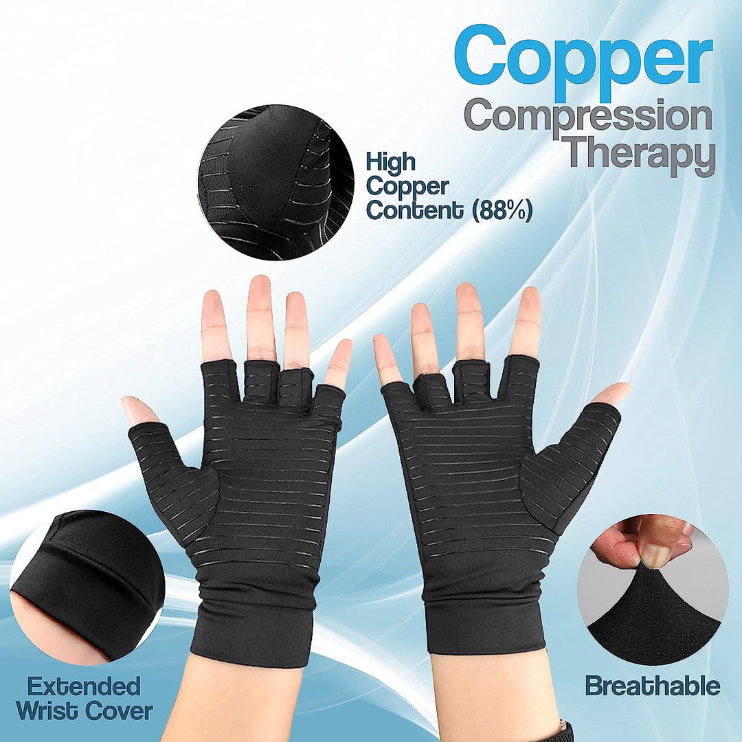 "Copper infused fingerless compression gloves for arthritis, offers warmth and breathability, ideal for relief and comfort."