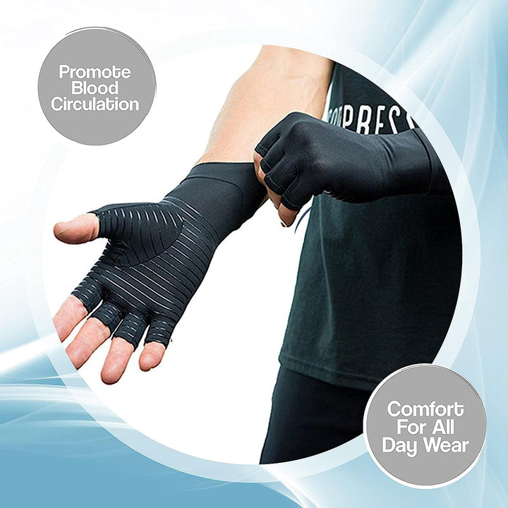 "Copper infused fingerless compression gloves for arthritis, offers warmth and breathability, ideal for relief and comfort."
