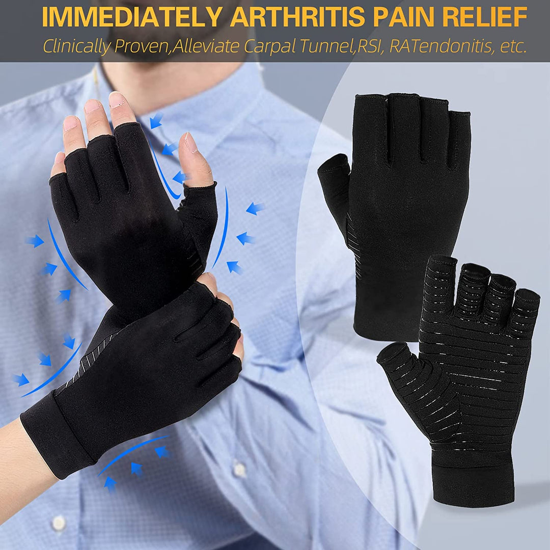 "Copper infused fingerless compression gloves for arthritis, offers warmth and breathability, ideal for relief and comfort."