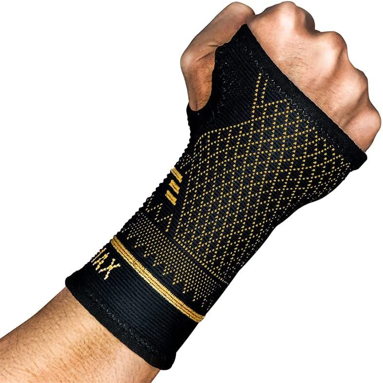 "Copper wrist brace for pain relief, unisex, ergonomic design, copper-infused fabric, available in small, medium, large sizes