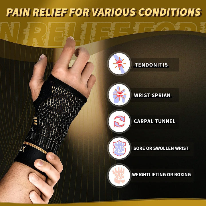 "Copper wrist brace for pain relief, unisex, ergonomic design, copper-infused fabric, available in small, medium, large sizes