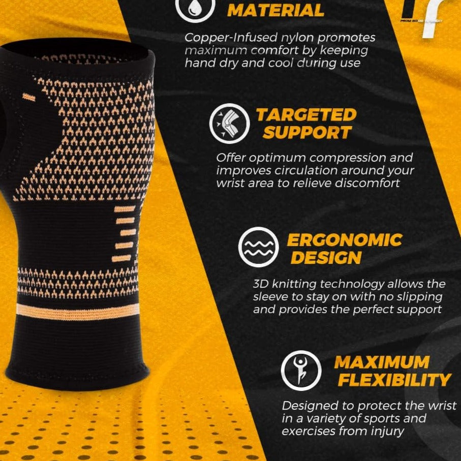 "Copper wrist brace for pain relief, unisex, ergonomic design, copper-infused fabric, available in small, medium, large sizes