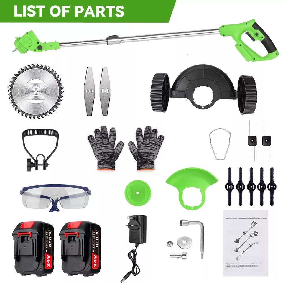 Cordless 24V lawn trimmer with ergonomic grip, retractable guard, telescopic shaft; lightweight design for easy garden use.
