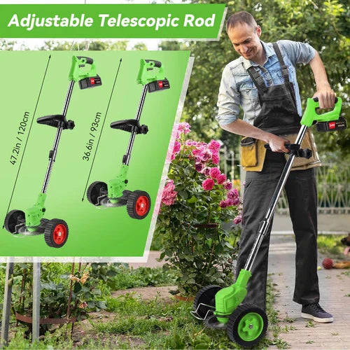 Cordless 24V lawn trimmer with ergonomic grip, retractable guard, telescopic shaft; lightweight design for easy garden use.