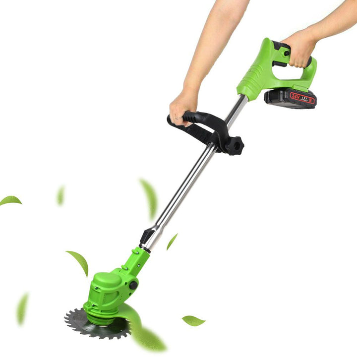 Cordless 24V lawn trimmer with ergonomic grip, retractable guard, telescopic shaft; lightweight design for easy garden use.