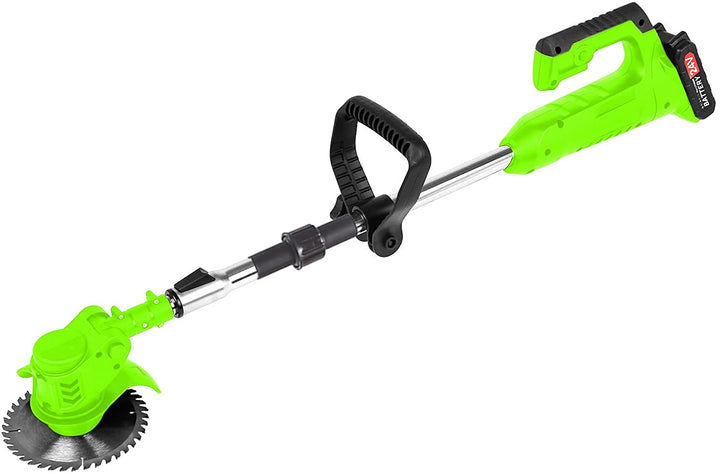 Cordless 24V lawn trimmer with ergonomic grip, retractable guard, telescopic shaft; lightweight design for easy garden use.