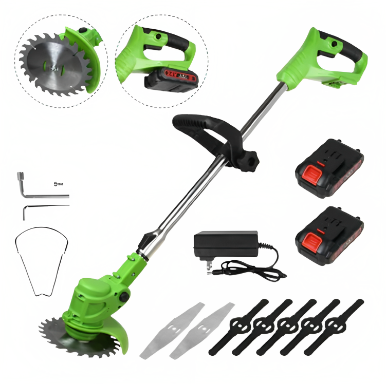 Cordless 24V lawn trimmer with ergonomic grip, retractable guard, telescopic shaft; lightweight design for easy garden use.