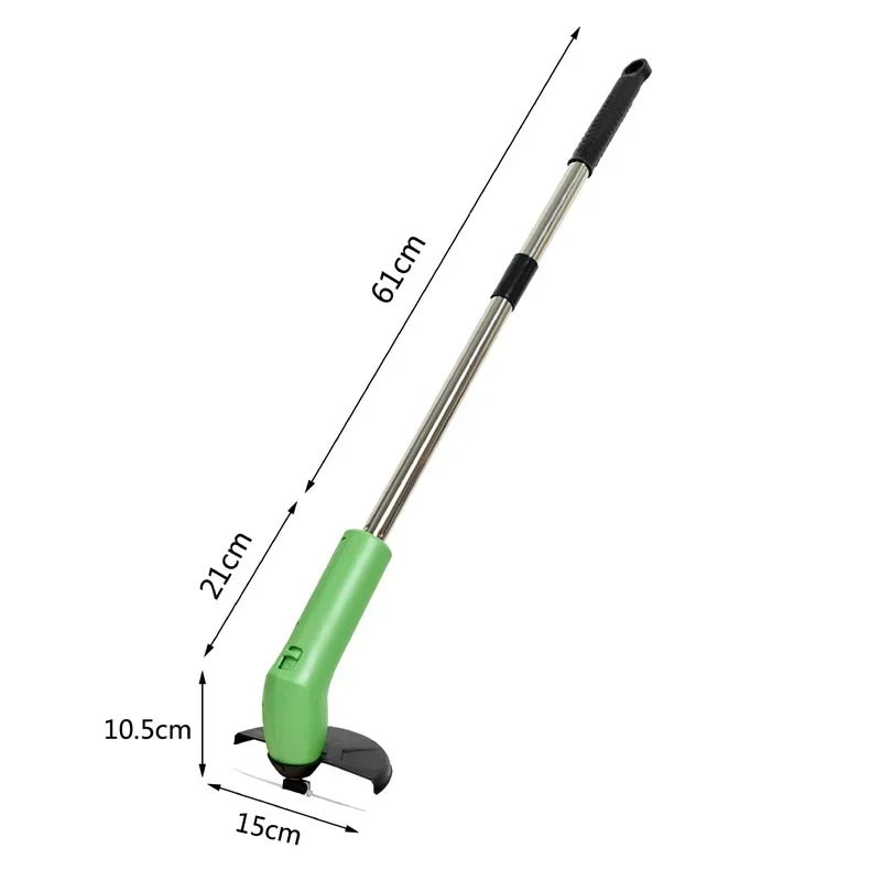 Cordless 24V lawn trimmer with ergonomic grip, retractable guard, telescopic shaft; lightweight design for easy garden use.