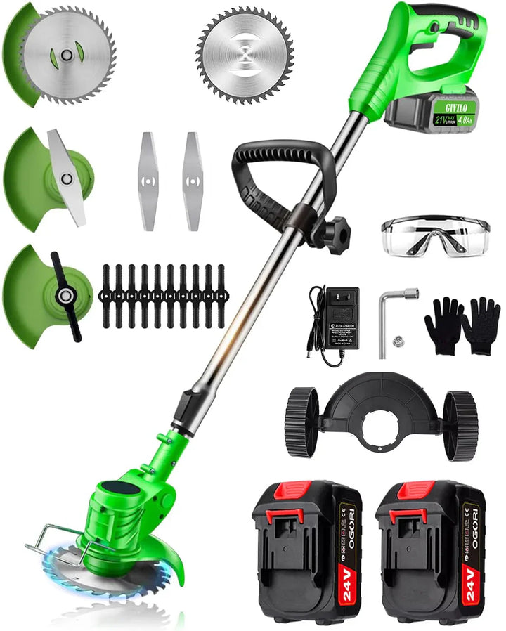 Cordless 24V lawn trimmer with ergonomic grip, retractable guard, telescopic shaft; lightweight design for easy garden use.