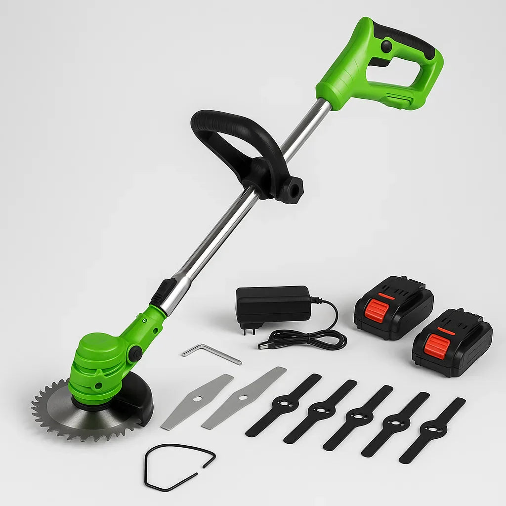 Cordless 24V lawn trimmer with ergonomic grip, retractable guard, telescopic shaft; lightweight design for easy garden use.