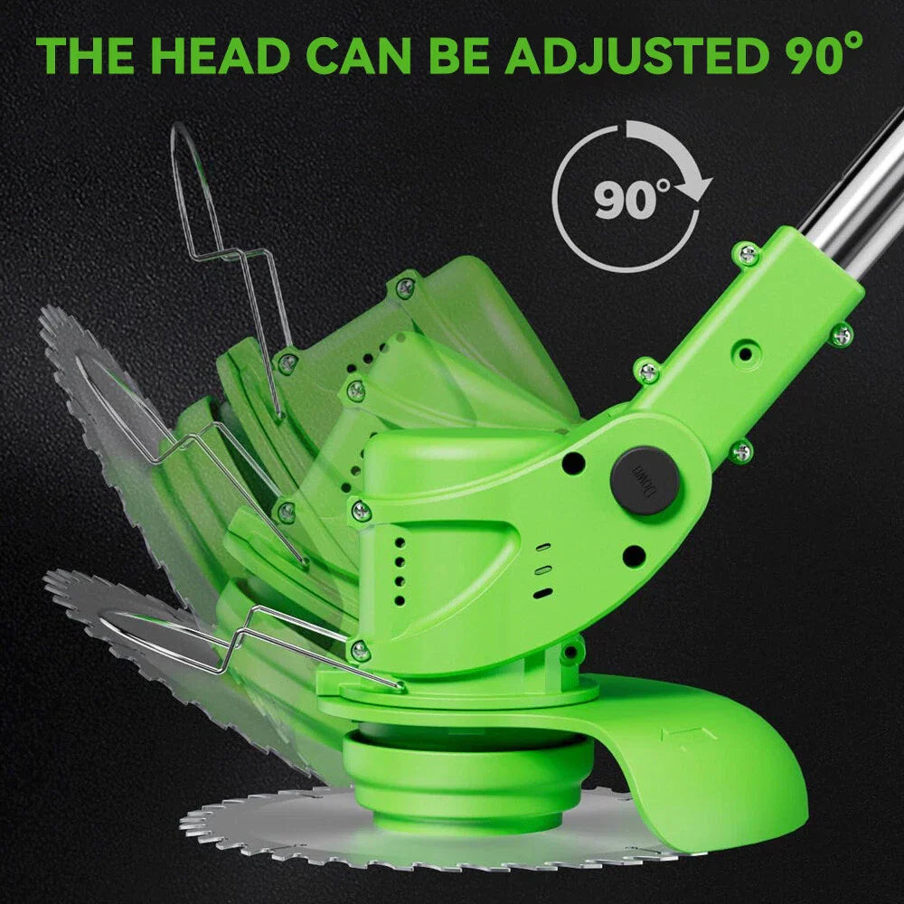 Cordless 24V lawn trimmer with ergonomic grip, retractable guard, telescopic shaft; lightweight design for easy garden use.
