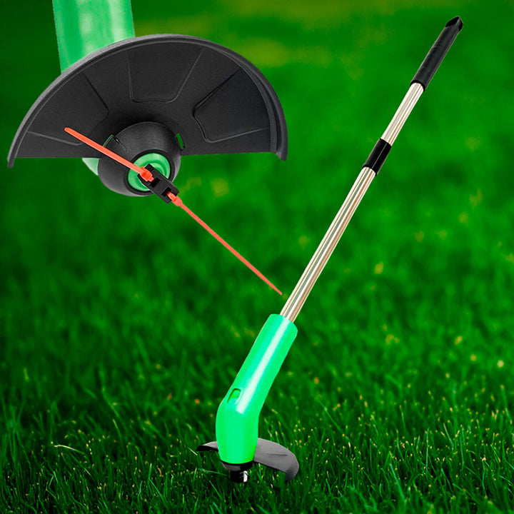 Cordless 24V lawn trimmer with ergonomic grip, retractable guard, telescopic shaft; lightweight design for easy garden use.