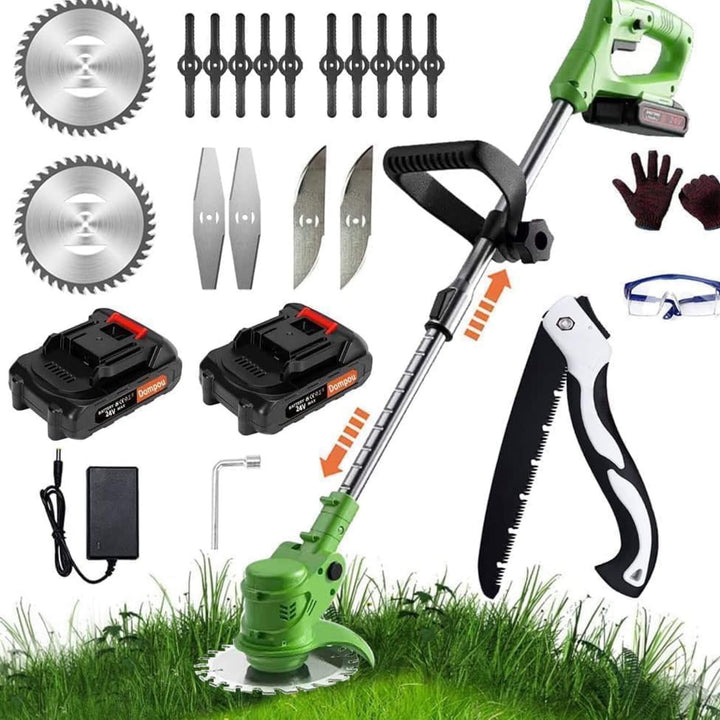 Cordless 24V lawn trimmer with ergonomic grip, retractable guard, telescopic shaft; lightweight design for easy garden use.