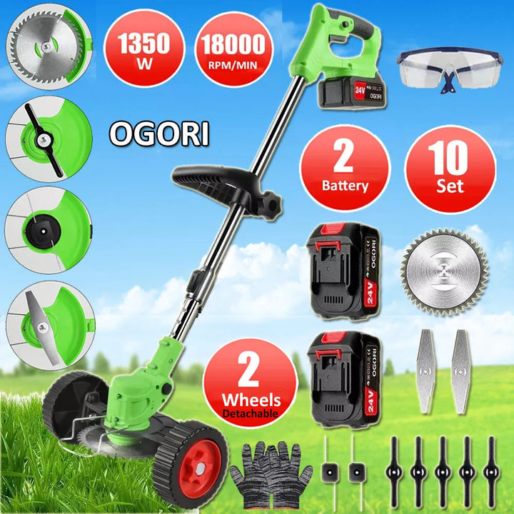Cordless 24V lawn trimmer with ergonomic grip, retractable guard, telescopic shaft; lightweight design for easy garden use.