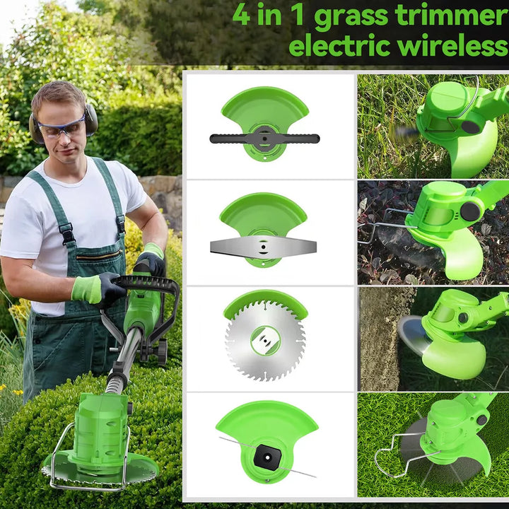 Cordless 24V lawn trimmer with ergonomic grip, retractable guard, telescopic shaft; lightweight design for easy garden use.